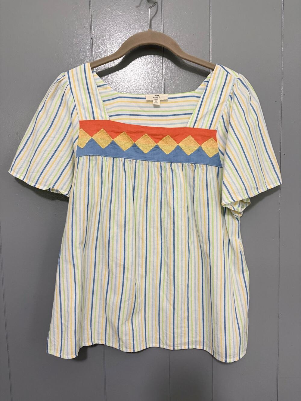 Entro Colorful Striped Embroidered Cotton Square Neck Babydoll Boho Top M